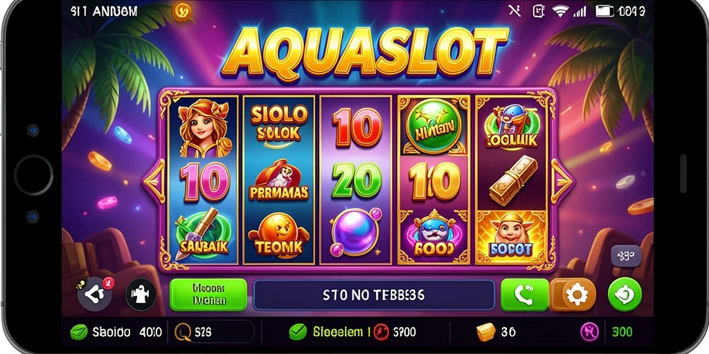 Screenshot gameplay AQUASLOT menampilkan mesin slot yang menarik dan penuh warna.