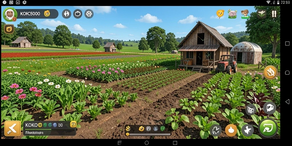 Tampilan gameplay KOKO5000 dengan ladang yang subur dan hasil panen melimpah.