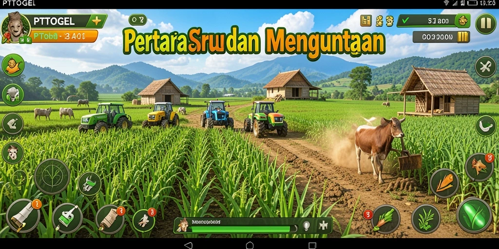 Tampilan gameplay PTTOGEL menampilkan pertanian yang meriah dan aktif.