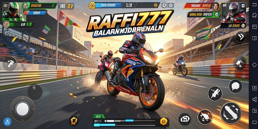 Tampilan gameplay RAFFI777 dengan balapan motor yang mendebarkan.