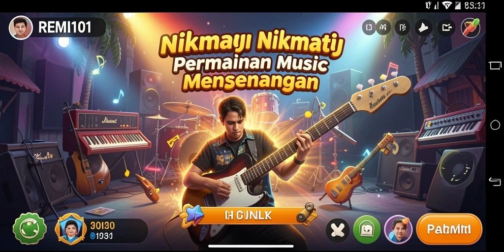 Screenshot REMI101 menunjukkan pemain menikmati gameplay musik yang seru.