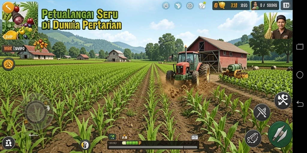 Tampilan gameplay SVIP9 yang menyenangkan dan penuh warna, menggambarkan suasana pertanian yang hidup.