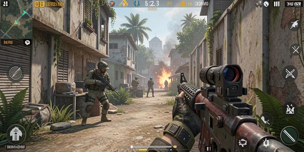 Tampilan gameplay seru dan intens dari V21 saat bertempur di arena FPS.